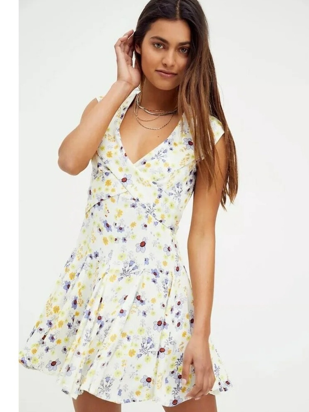 Free People It Takes Two Wrap Dress Ivory Purple Floral Mini Open Back - S